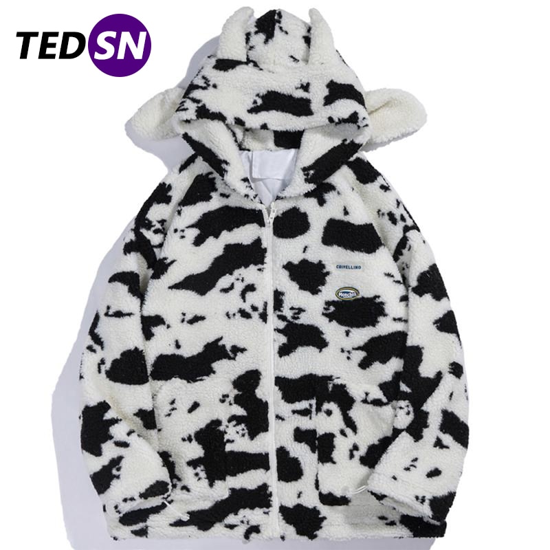 TEDSN Cow Zip Up 코트 자켓 남성 여성 Kawaii Hoodie 2021 Winter Oversize Streetwear 캐주얼 탑 울 코스프레 패션 의류